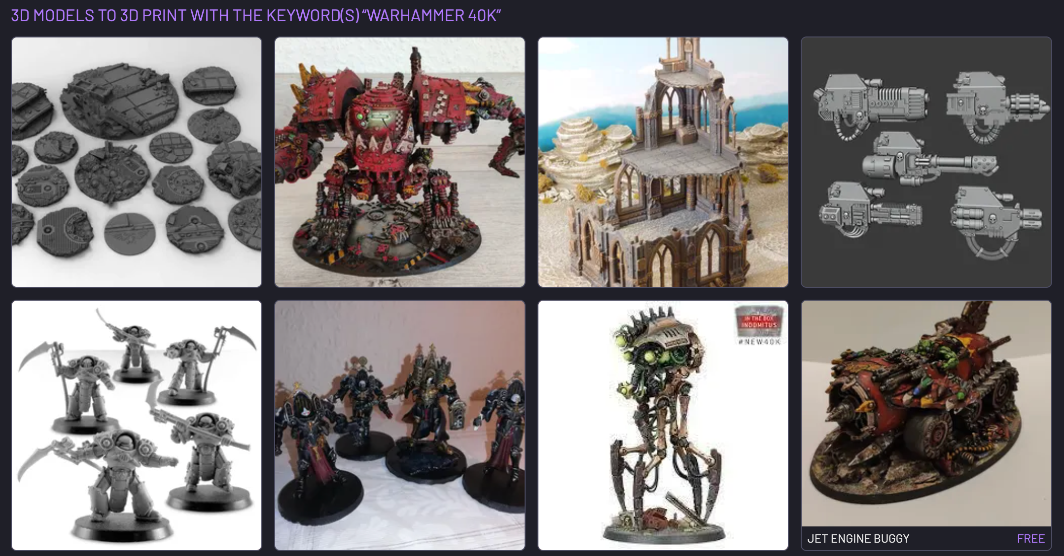 A screenshot of Warhammer 40K unlicensed models in the search results on Cults 3D.