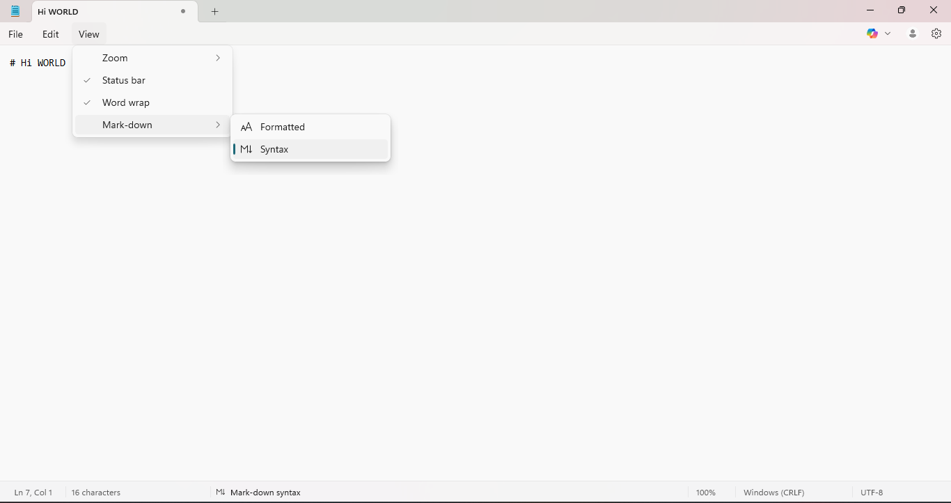 Syntax and formatted views on Windows 11's Notepad.