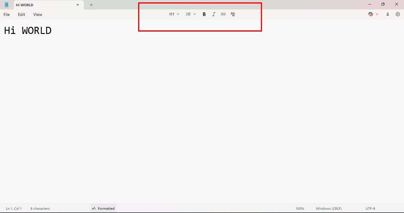 Formatting tool bar available in Windows 11's Notepad.