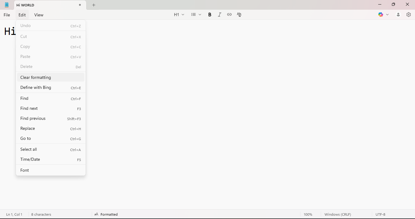 Clearing formatting on Notepad in Windows 11.