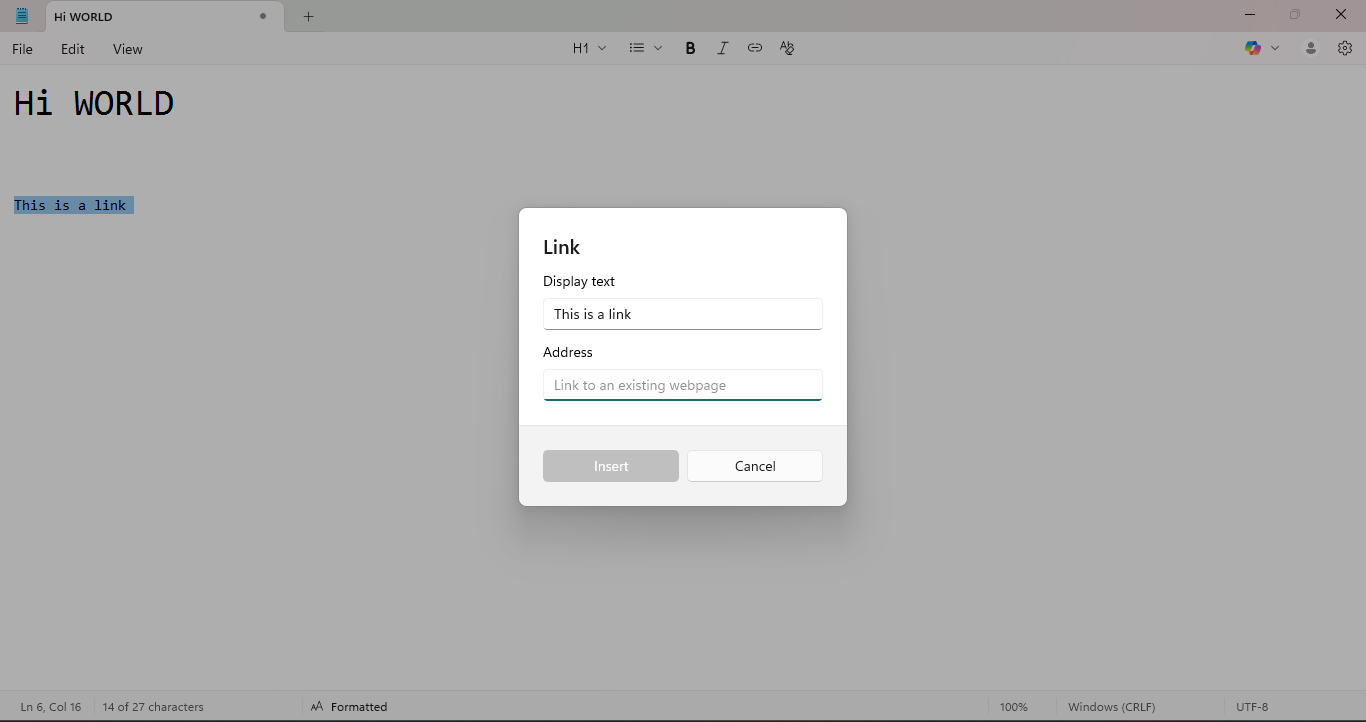 Linking options available in Windows 11 Notepad.