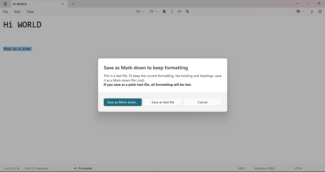 Saving files as markdown using Notepad in Windows 11.