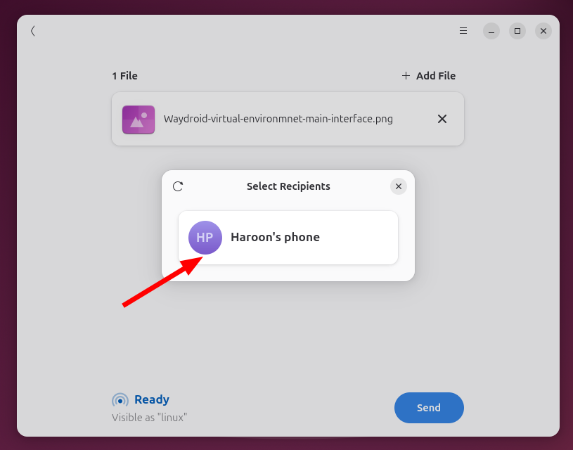 Selection of the target phone and sending files to Packet Linux
