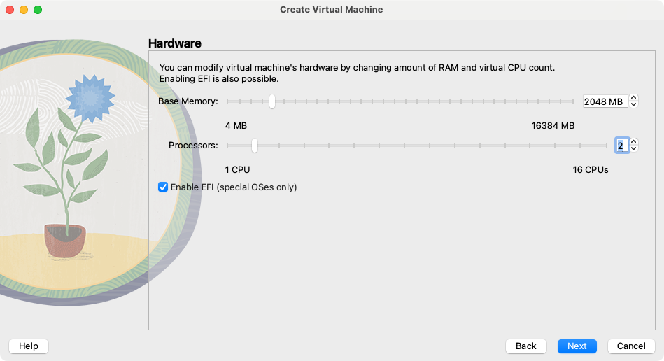 Setting up hardware for a VM in Virtual Box.