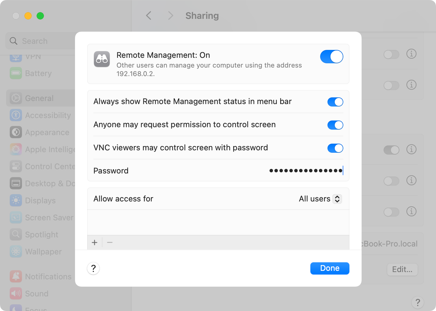 Setting up macOS remote access settings.