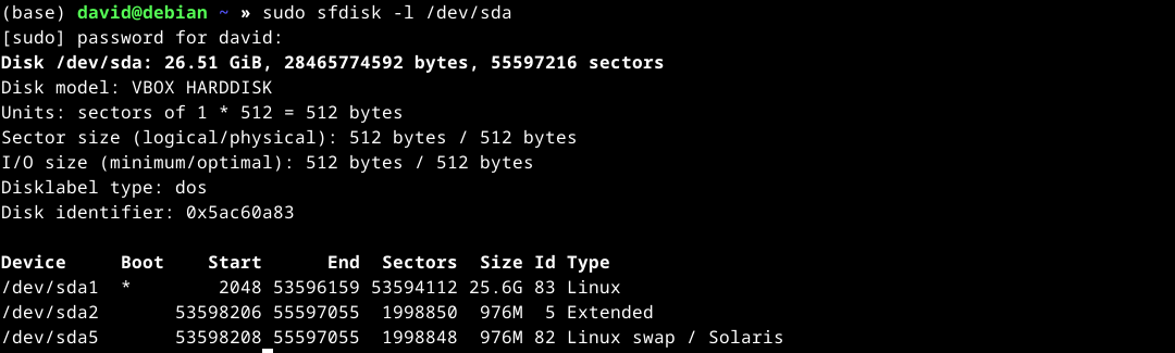 Список разделов, выведенный sfdisk в терминале.