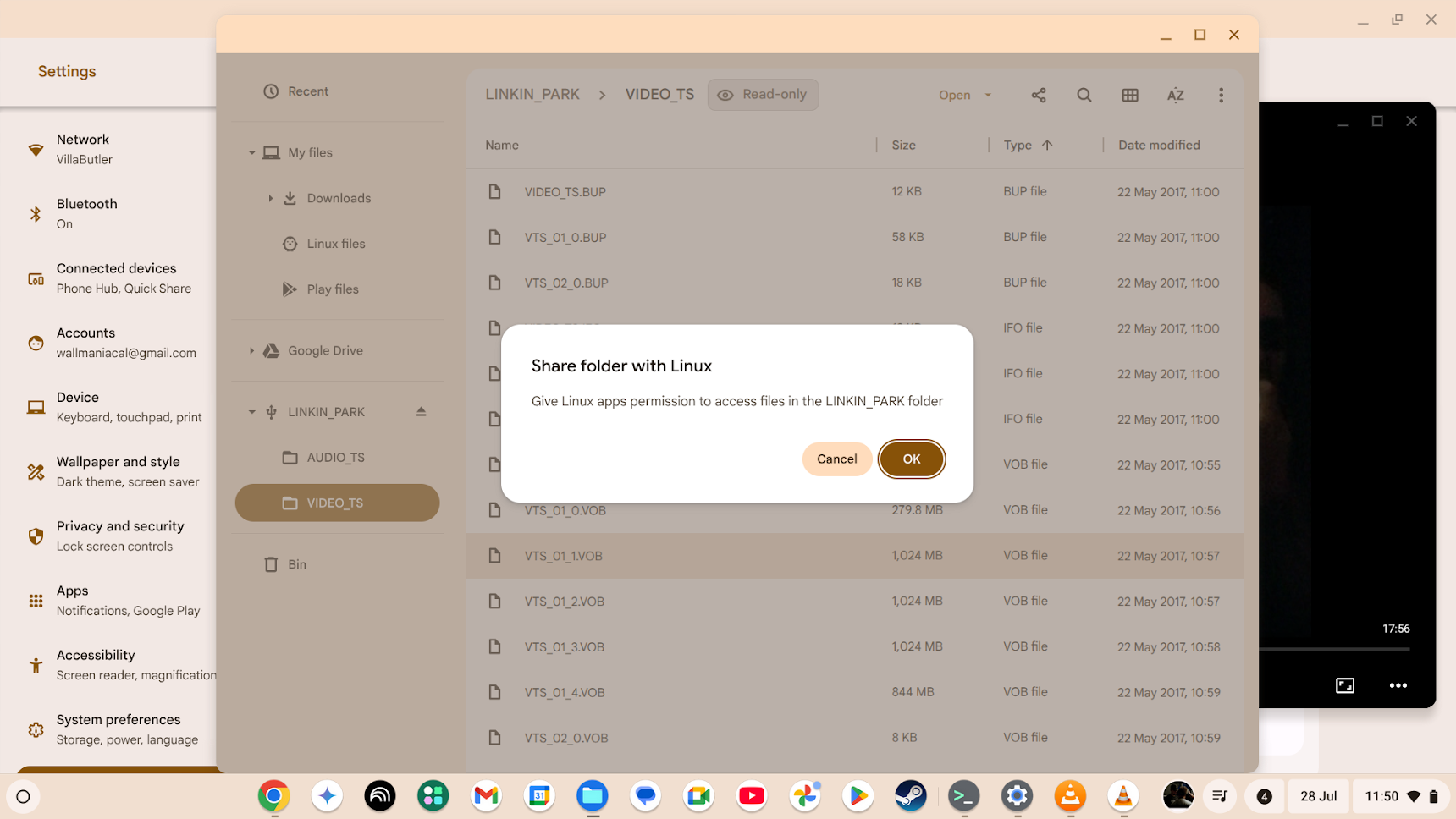 Sharing a DVD drive with Linux in ChromeOS.