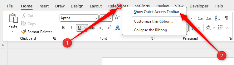 Show Quick Access Toolbar is selected in Microsoft Word.
