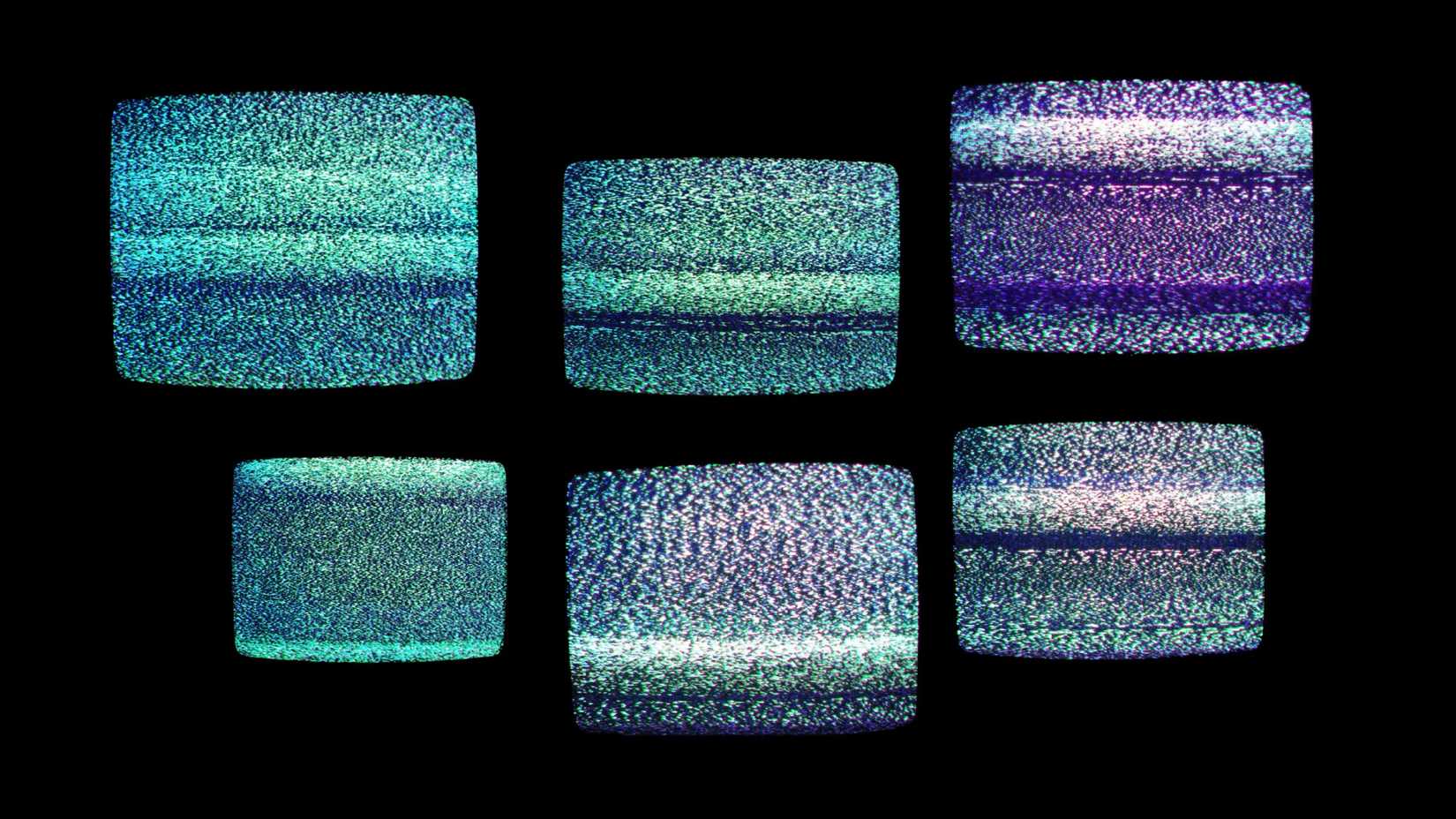 Old tube tv screens, vintage CRT screens with static noise, no signal, 6 tv sets of different sizes.