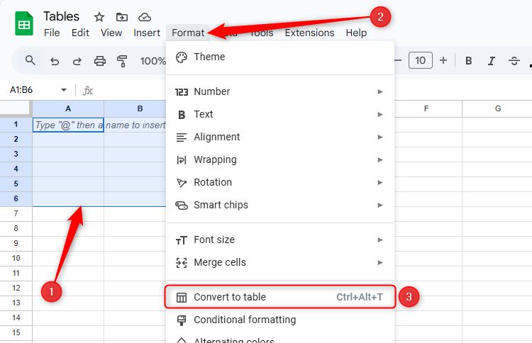 Некоторые ячейки в Google Sheets выделены, выбран пункт 'Преобразовать в таблицу' во вкладке 'Формат'.