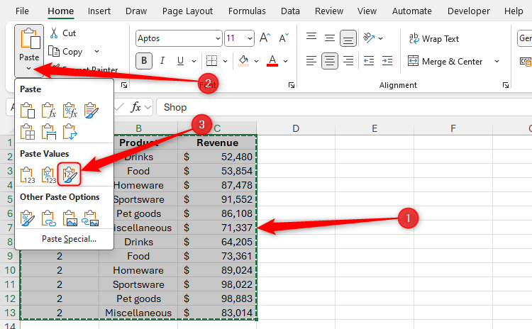 Some data in Excel is selected and copied, and the Linked Picture button in the Paste drop-down menu is selected.