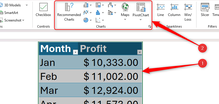 Some data in Excel is selected, and the Charts group of the Insert tab is highlighted.