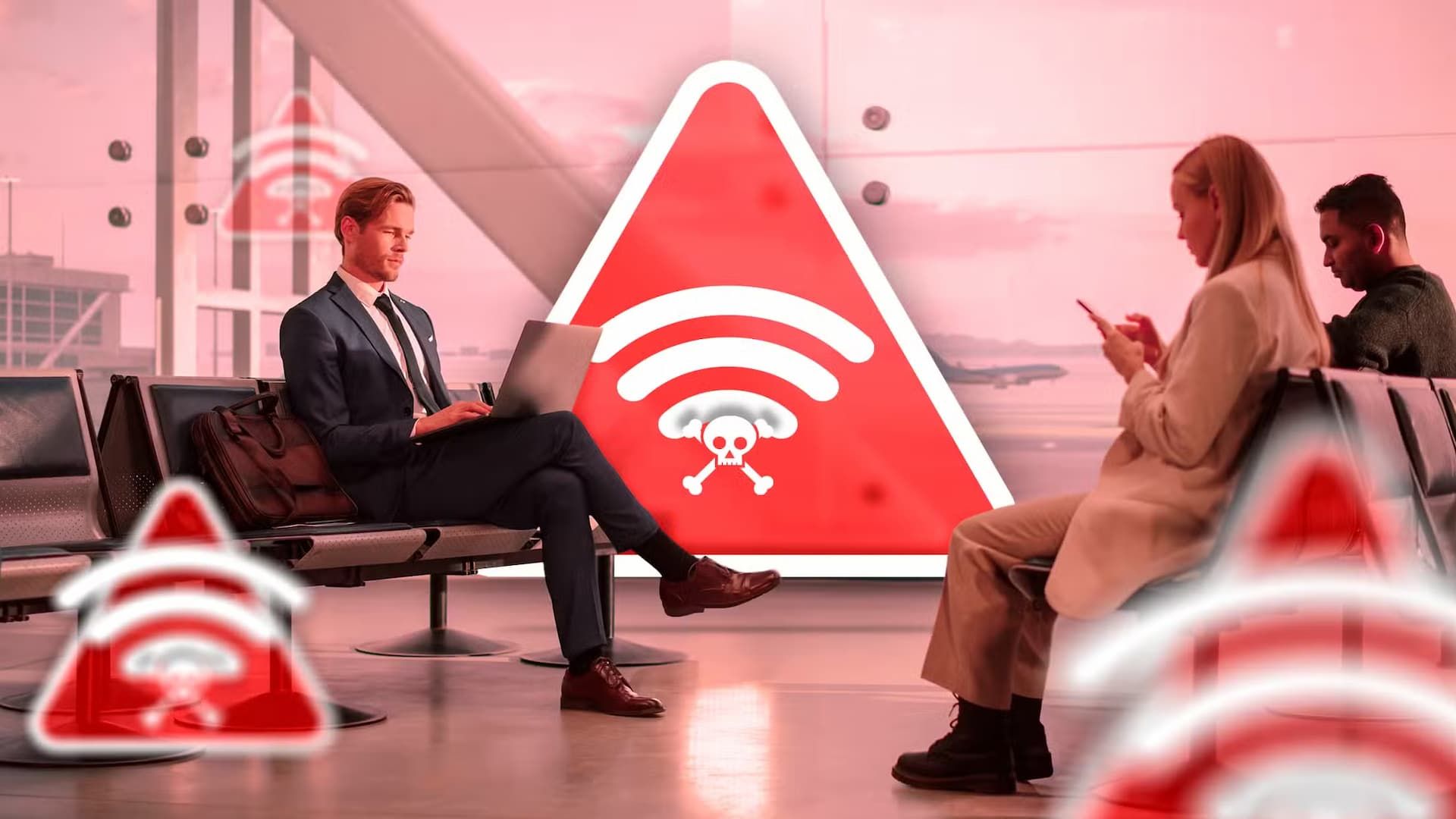 Some people in an airport using Wi-Fi with several icons representing contaminated Wi-Fi.