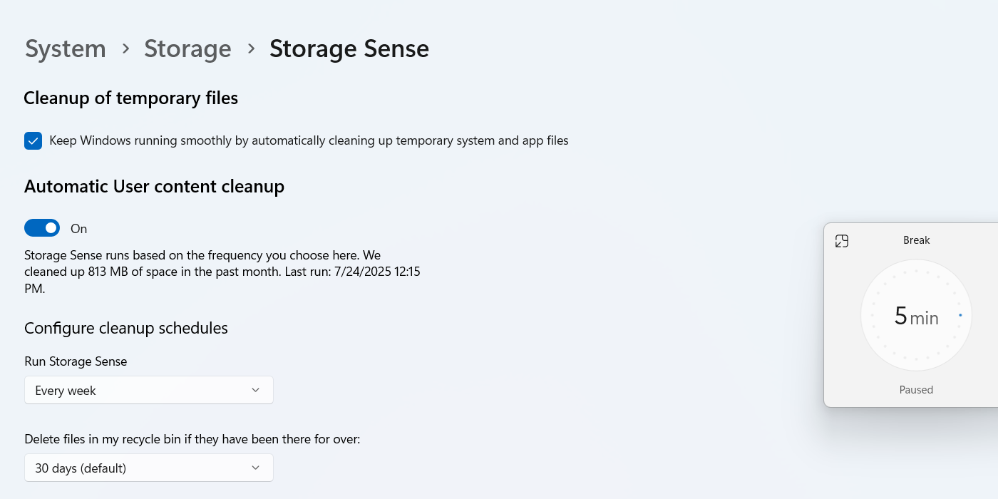 Storage Sense settings in Windows 11.