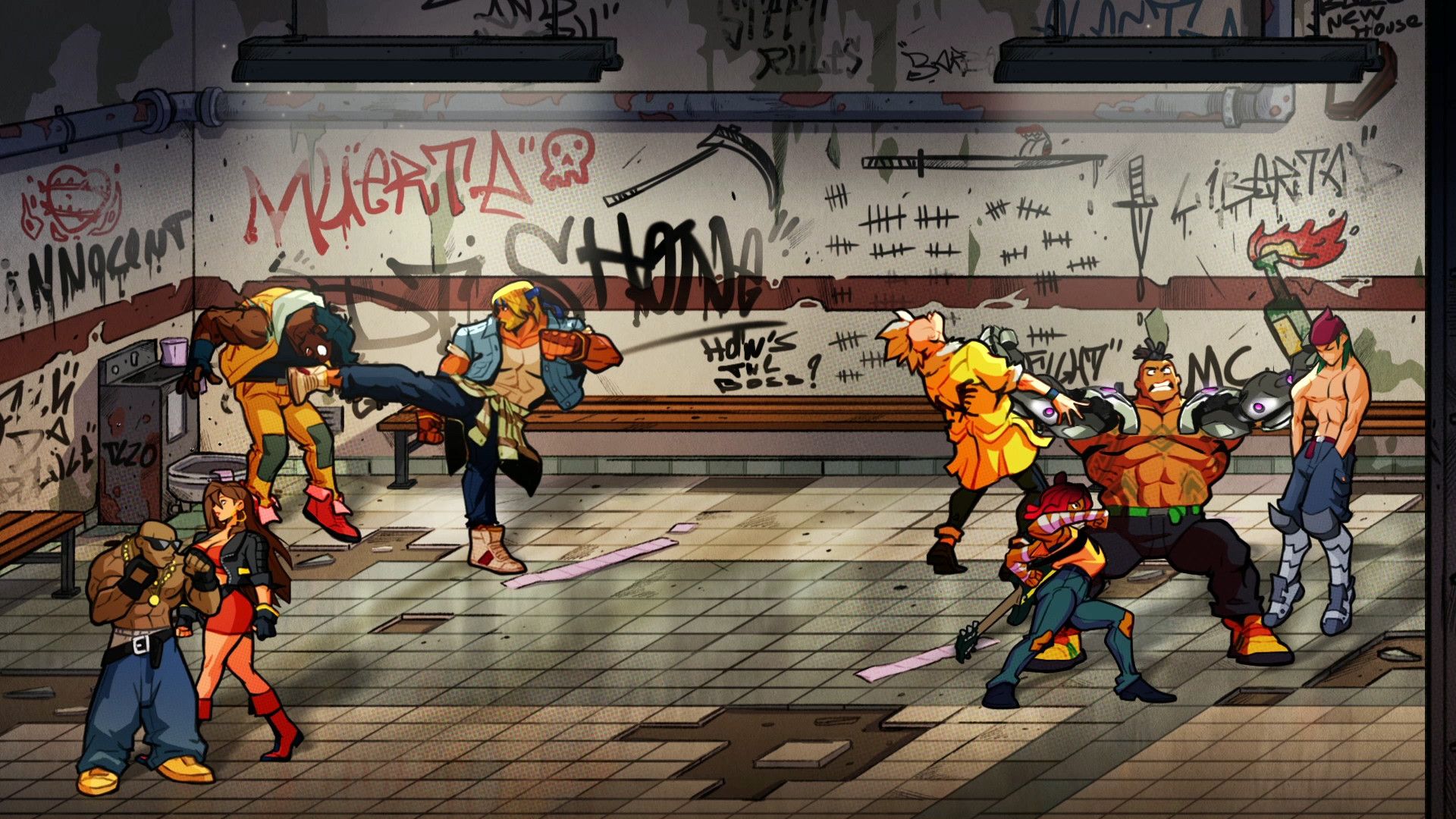 Axel, Blaze, and Floyd fighting thugs in Streets of Rage 4.