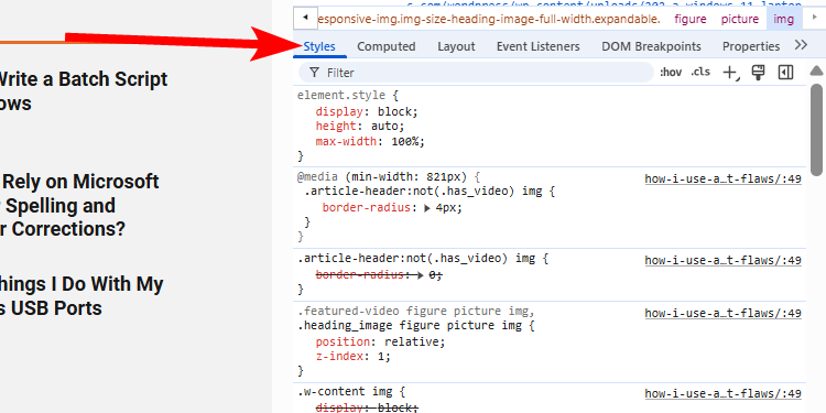 The styles tab of the Chrome inspection tool.