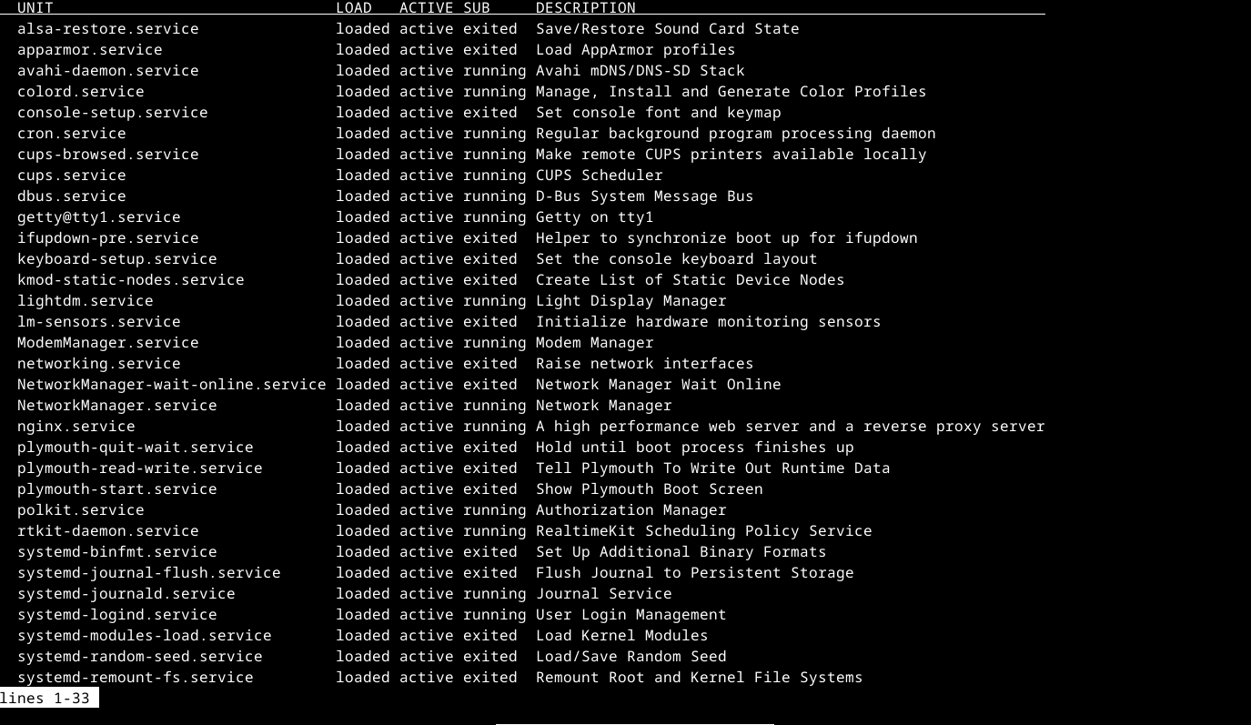 Output of systemctl-list-units --type=service in the Linux terminal