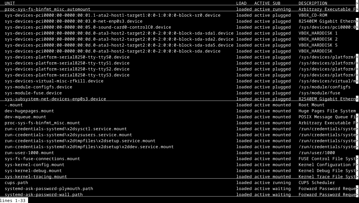 Output of Linux systemctl --list units in the terminal.