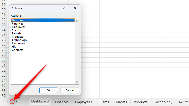 The Activate window in Microsoft Excel displaying a vertical list of worksheet tabs.