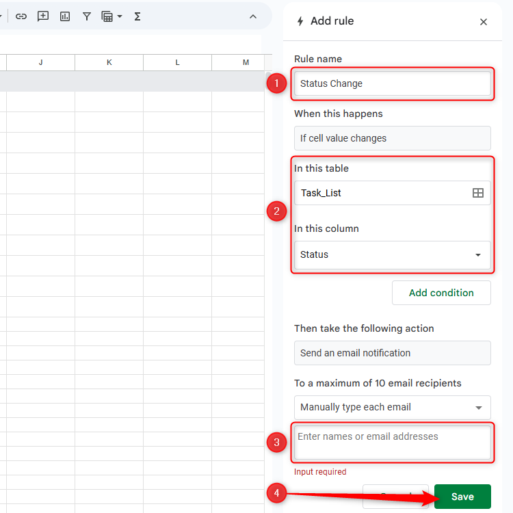 Add the rules pane for conditional information in Google sheet, with the details filled to send an information on changing the data in the situation column.