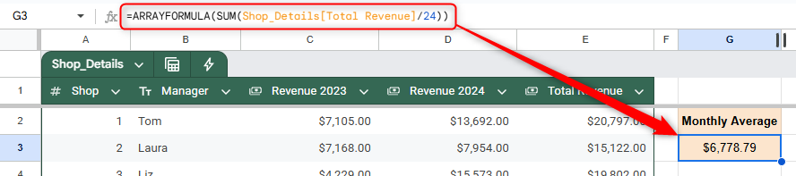 ARRAYFORMULA в Google Sheets для расчета среднего значения.