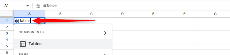 В ячейку Google Sheets введено '@Tables'.