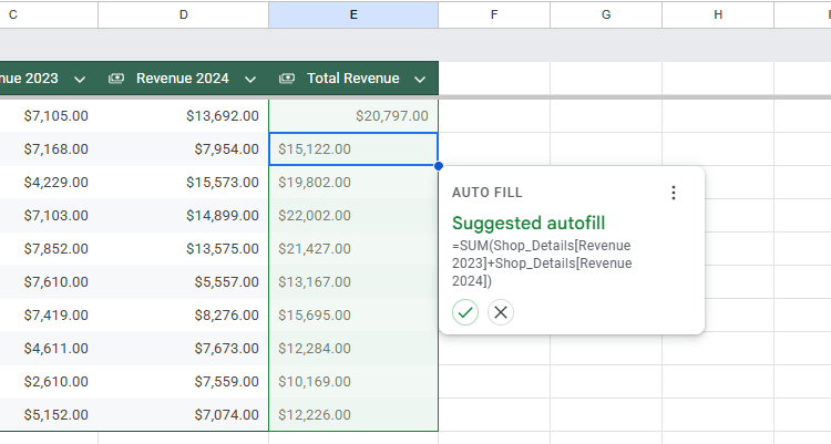Автоматическое заполнение столбца формулой в таблице Google Sheets.