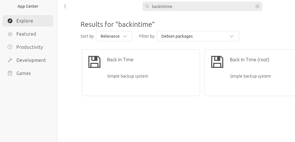 The Back in Time app in the Ubuntu software store.