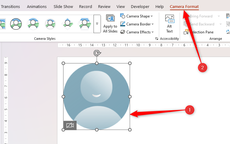 The Cameo placeholder in Microsoft PowerPoint is selected, and the Camera Format tab on the ribbon is opened.