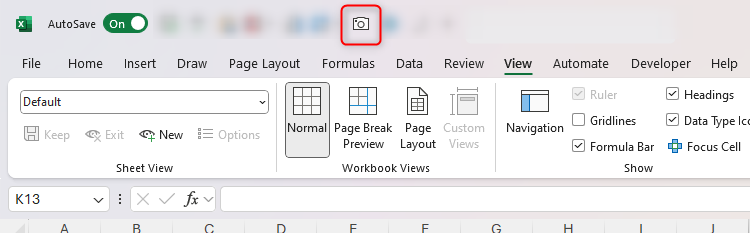 The Camera icon in Excel's QAT.