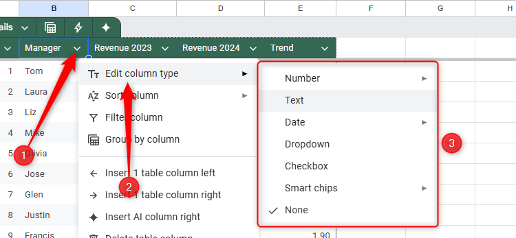 Изменение формата столбца через опцию 'Изменить тип столбца' в Google Sheets.