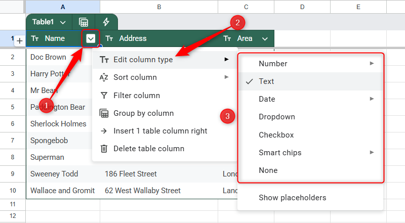 The data type of a column of data in a formatted table in Google Sheets is selected as Text.