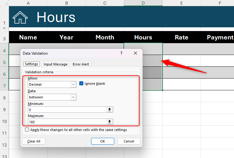 Giới hạn nhập liệu số trong Excel Hộp thoại Data Validation giới hạn nhập liệu là số thập phân.