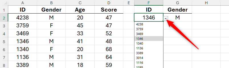The data validation drop-down button in cell F2 in an Excel spreadsheet is selected to reveal the input options.