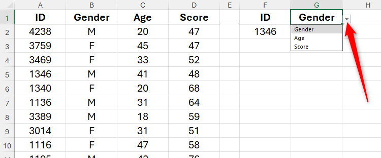The data validation drop-down button in cell G1 in an Excel spreadsheet is selected to reveal the input options.