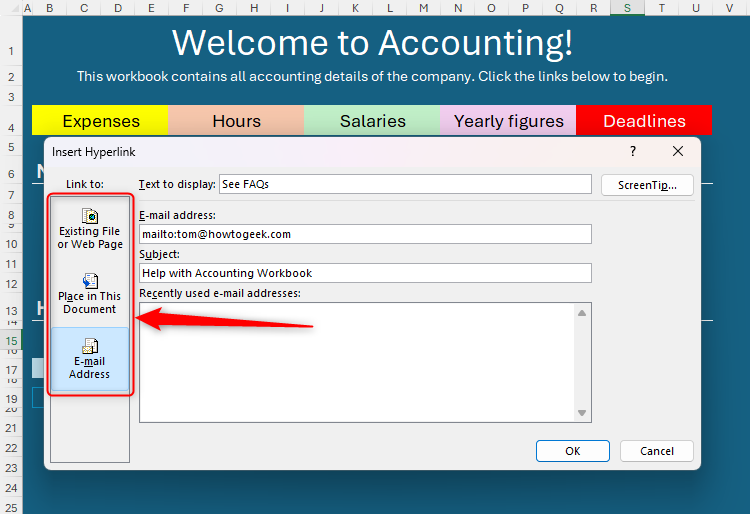 The different options for link types in Excel's Insert Hyperlink dialog box are displayed.