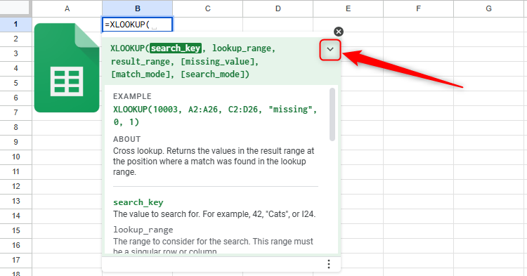The Google Sheets Formula Syntax Pop-up clicks to reveal additional information and support to the down arrows.