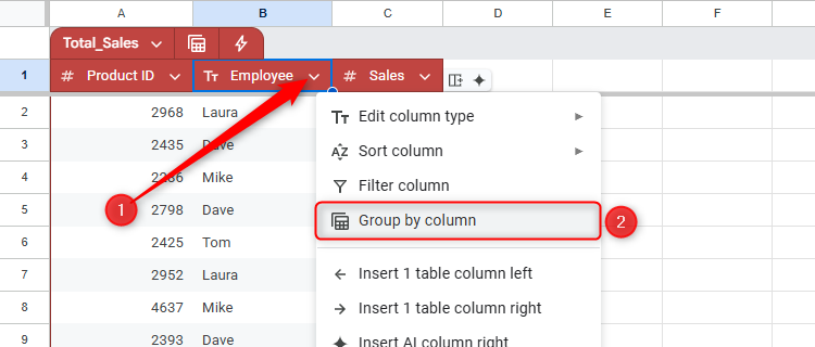 Выбор группировки данных по столбцу в таблице Google Sheets.