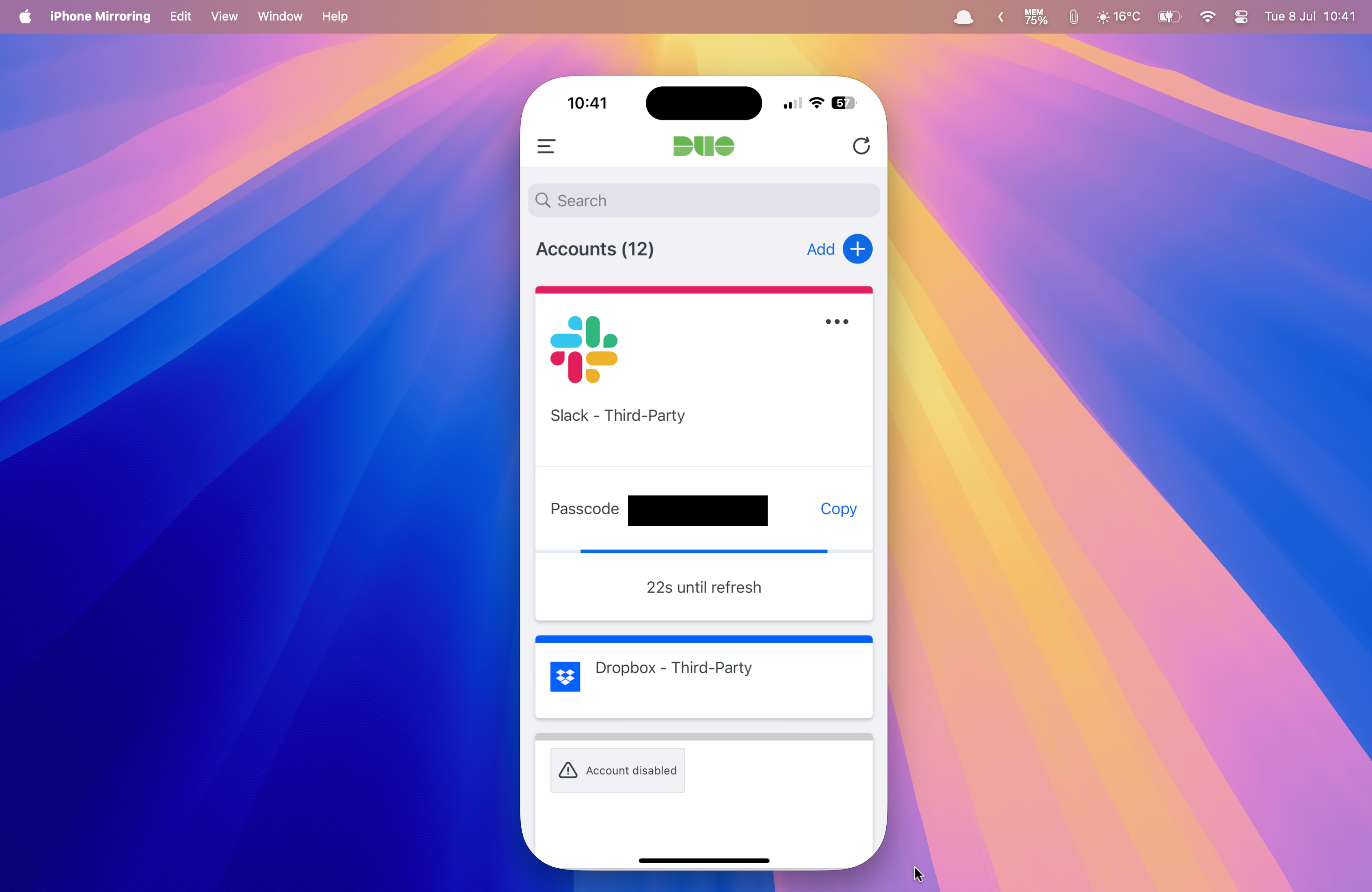 The Duo two-factor authentication mobile app running in iPhone Mirroring on a Mac.