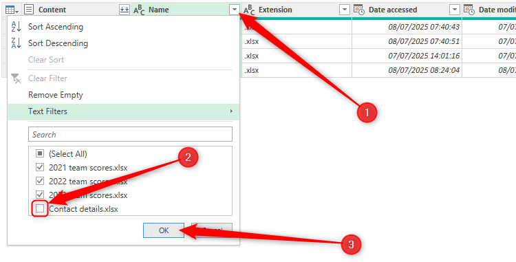 The file named Contact Details is unchecked in the Name column of Excel's Power Query Editor.