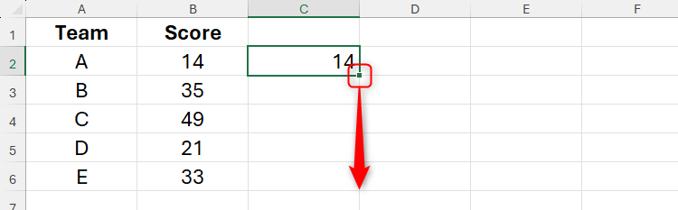 The fill handle on a cell containing a formula in Excel is highlighted.