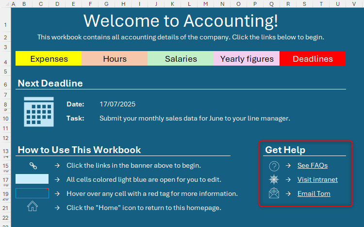 The Get Help section of an Excel homepage worksheet.