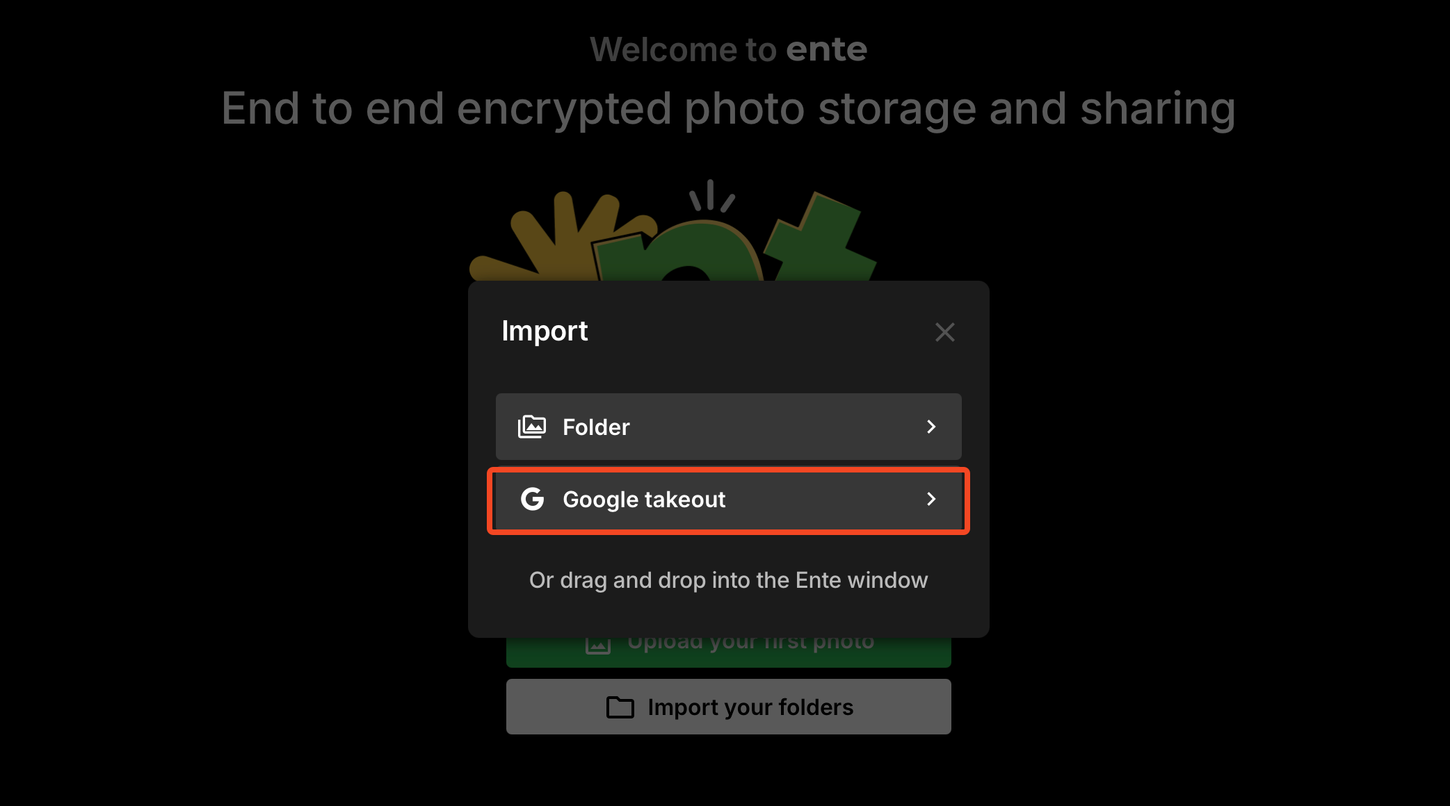 The Google Takeout option in Ente Photo.