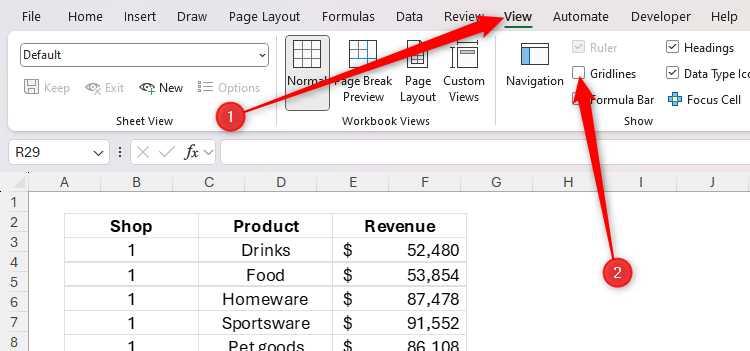 The gridlines in an Excel workbook are hidden, so that the linked picture is easier to read.