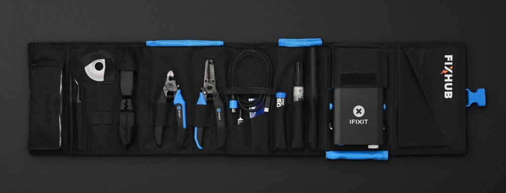 The iFixit FixHub Soldering Toolkit opened to show the tools it comes with.