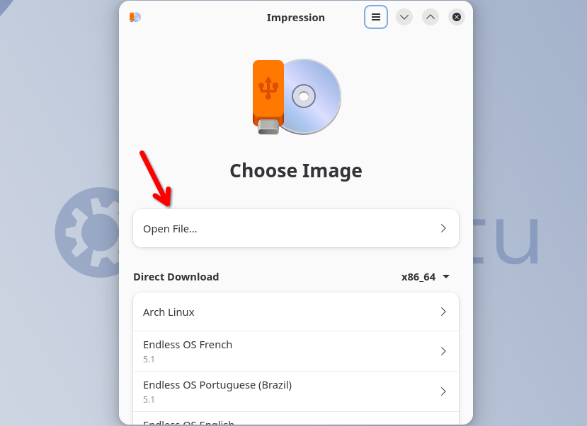 The Impression app with a red arrow pointing to the Open File button.