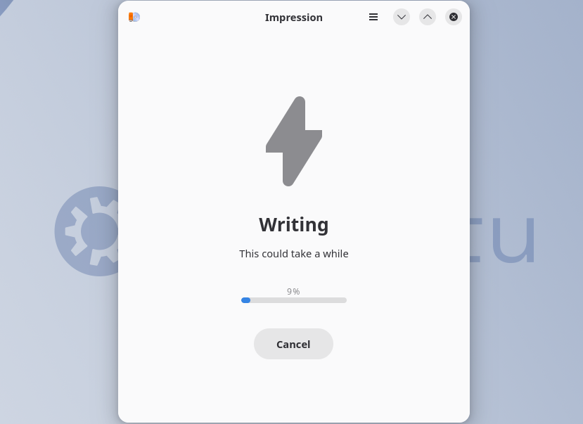 The Impression app writing an ISO file to a USB drive.