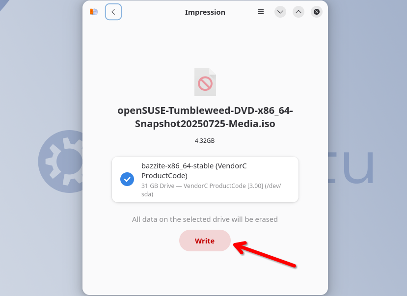 The Imression app with a red arrow pointing to the Write button.