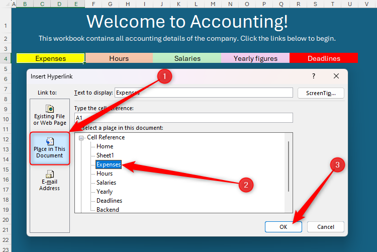The Insert Hyperlink dialog box in Excel, with the Place In This Document tab opened, and the Expenses worksheet selected.