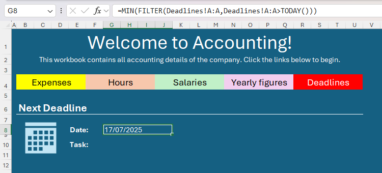 The MIN, FILTER, and TODAY functions are used in Excel to return the next date from a list.